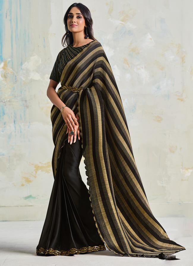 Sattin Silk  Black Wedding Wear Sequins Work Ready To Wear Saree